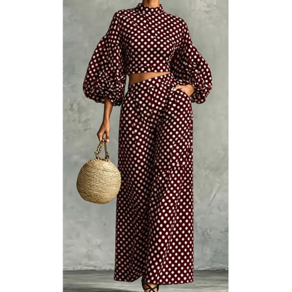 Two-Piece Polka Dot Trousers Suit – Wide-Leg – Synthetic Fiber | KIMLUD