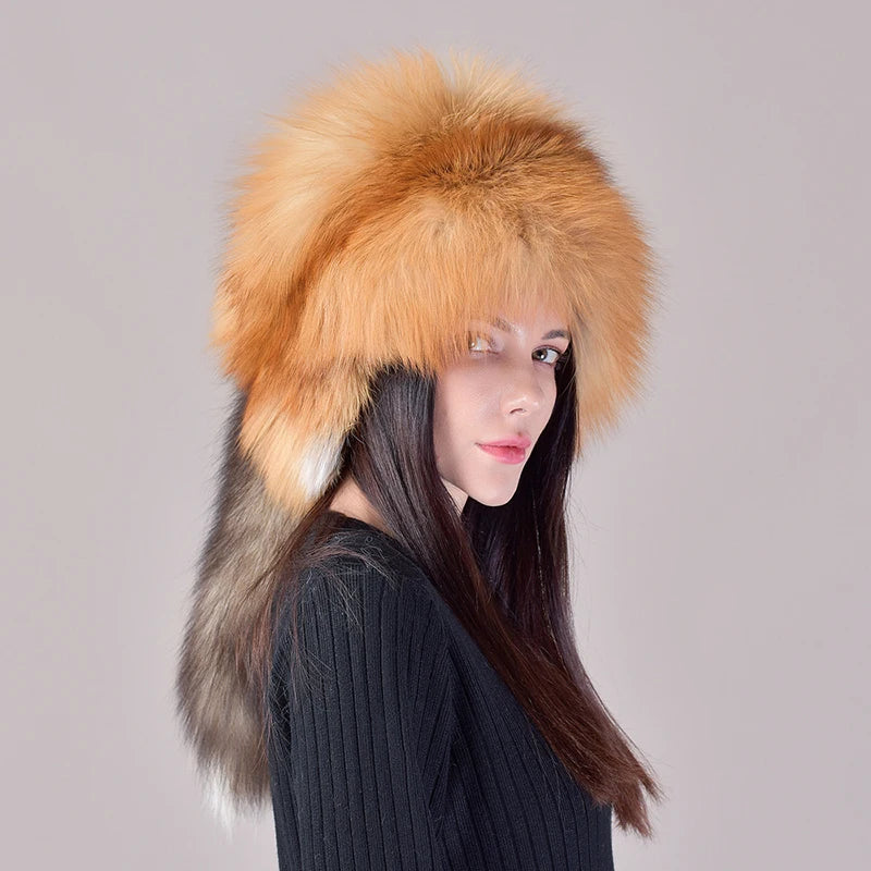 Fox Fur Ushanka Hat Winter Warm Fluffy — Natural | KIMLUD