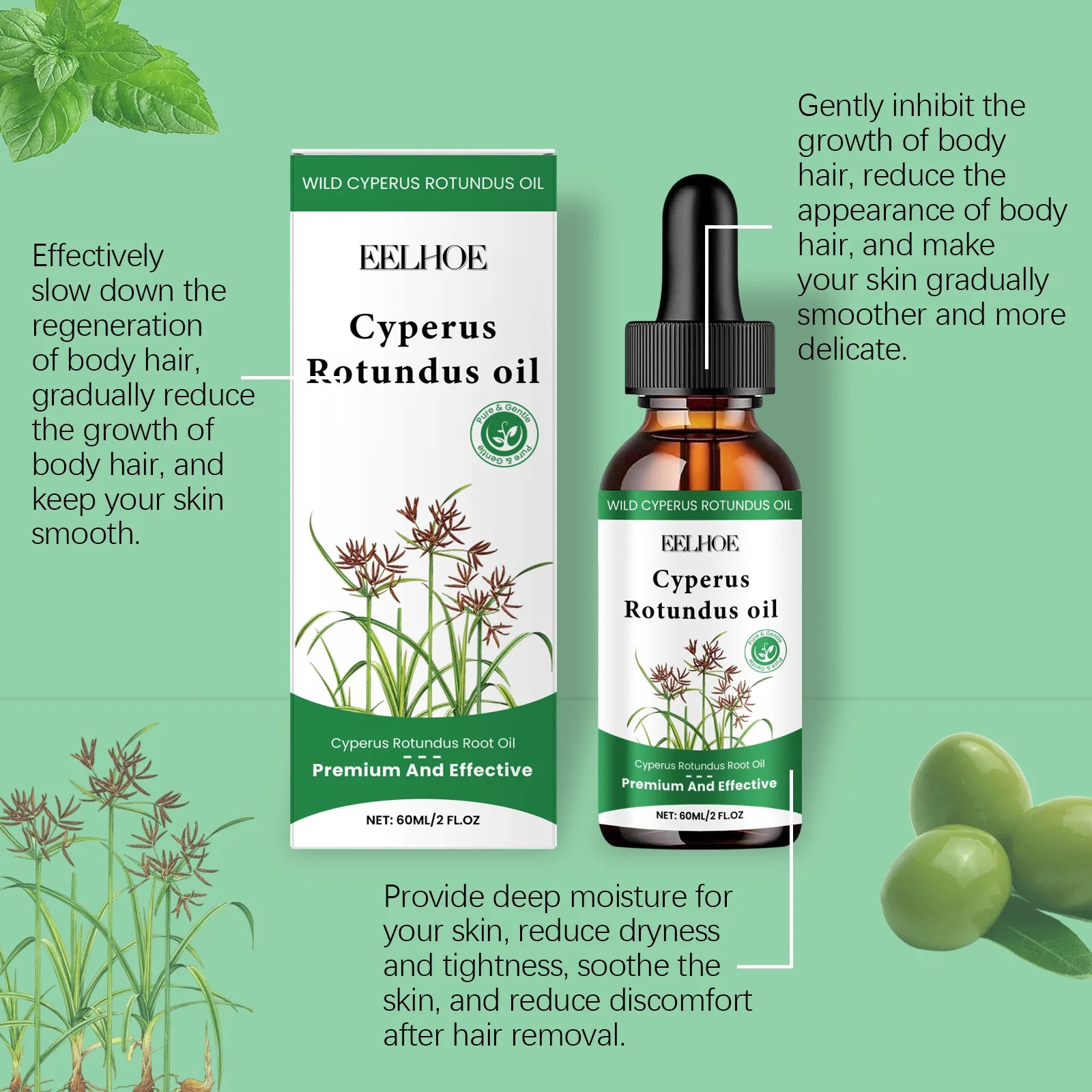 Cyperus Rotundus Oil Hair Removal Oil 60ml — Green | KIMLUD