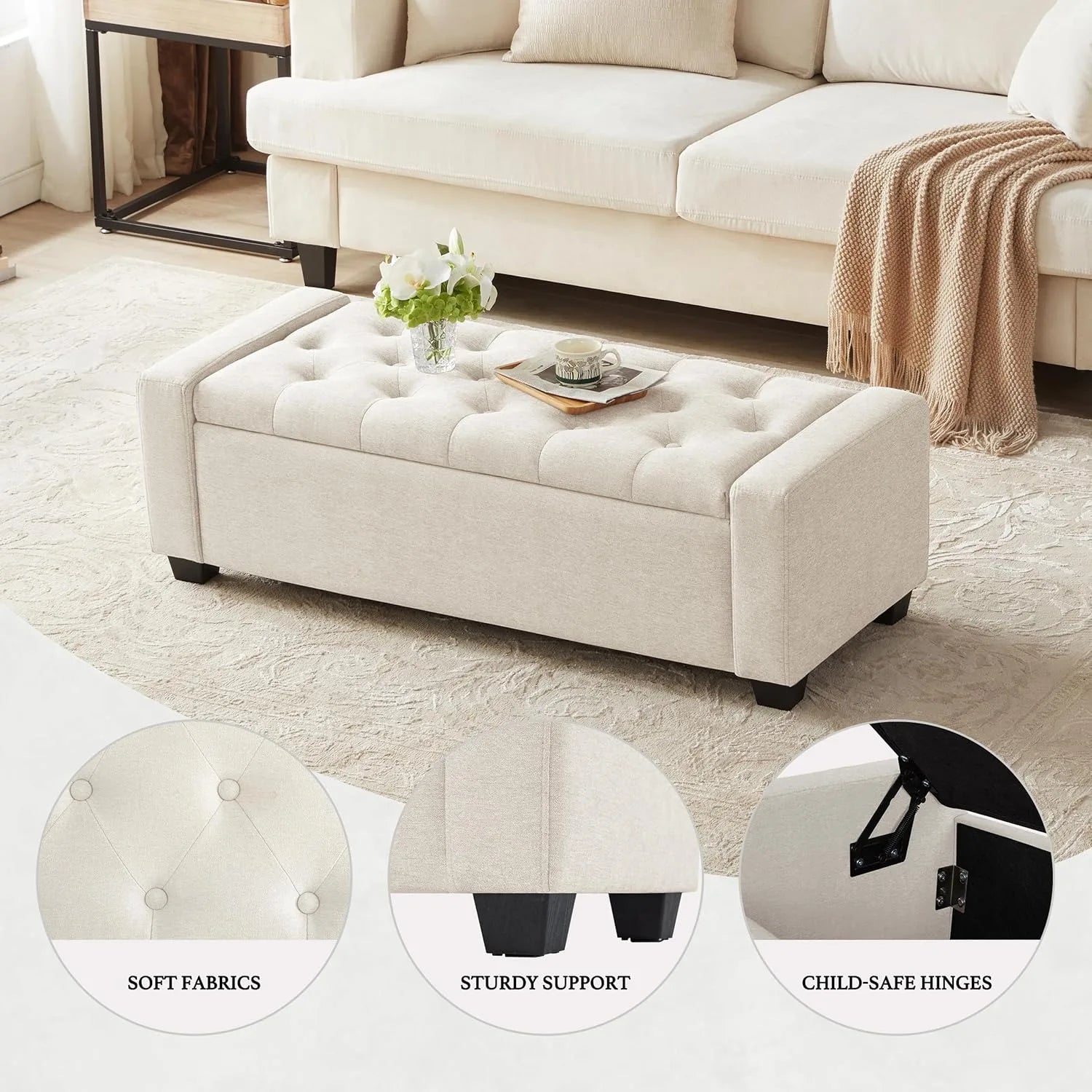 Storage Ottoman Bench with Safety Hinge & Storage, Upholstered Storage Bench with Seating for Bedroom, Living Room, Beige