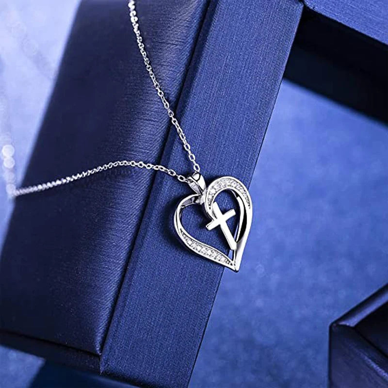 Silver-Tone Necklace Heart Cross Pendant — Silver | KIMLUD