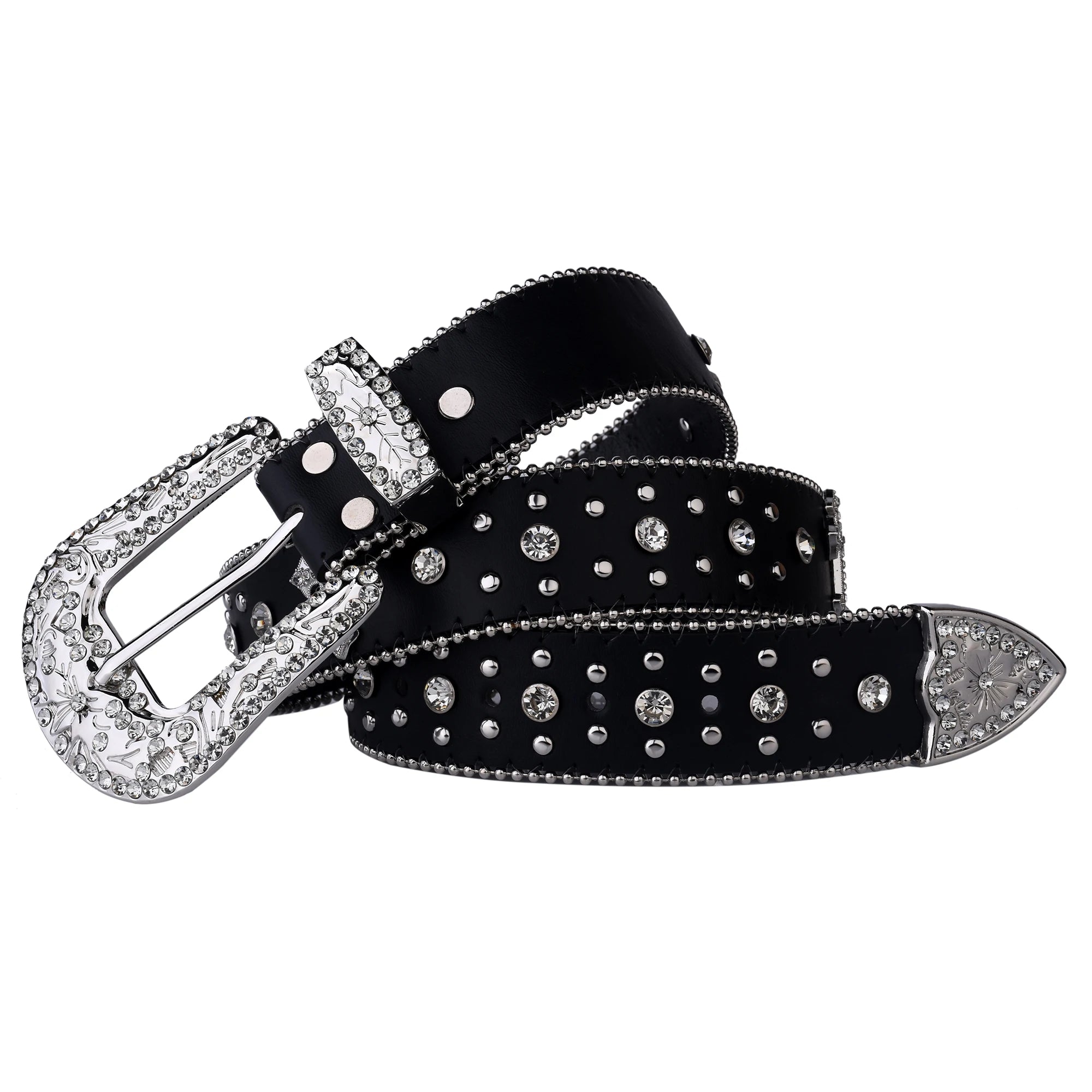 Black Cross Rivet Belt Engraved Buckle Rhinestone Decor PU Belt Hip Hop Jeans Pants Belt Punk Western Cowboy Cowgirl Belts