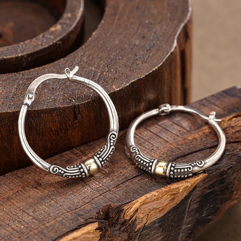 Huitan Vintage Two Tone Bohemian Style Hoop Earrings for Women Engraved Design Novel Trendy Party Big Circle Statement Jewelry
