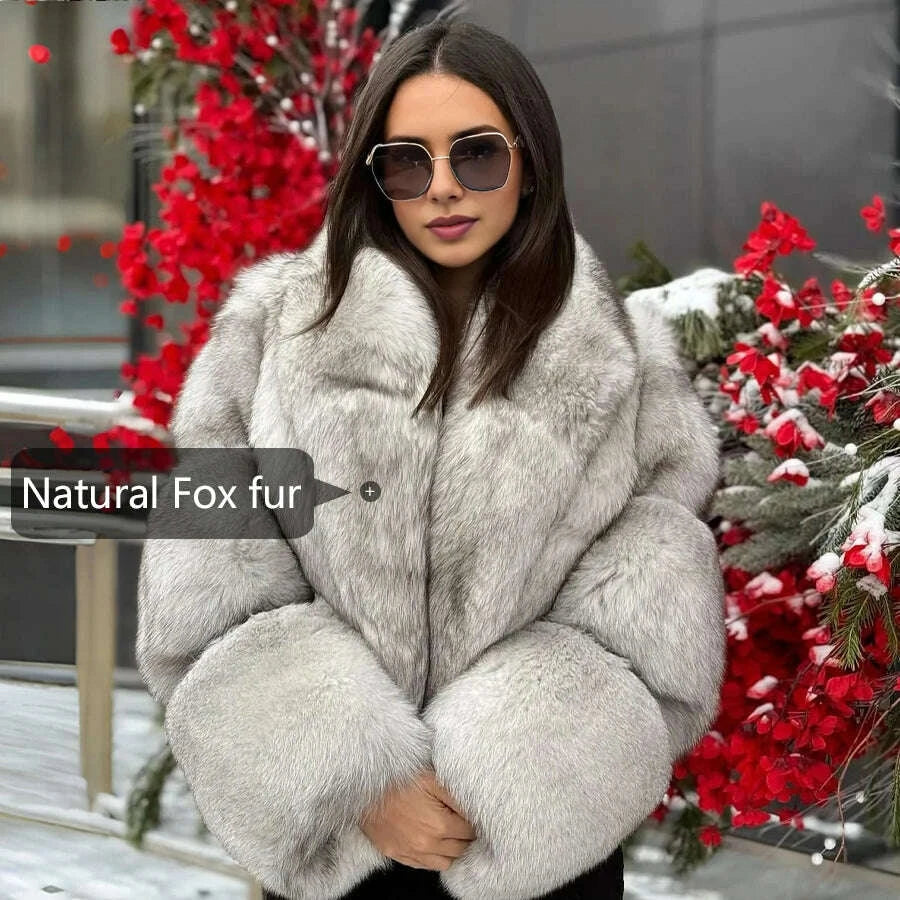 KIMLUD, Natural Fox Fur Coat With Turndown Collar Women's Fox Cropped Jacket Genuine Fur Outerwear Hot Selling Short Real Fur Coat, KIMLUD Womens Clothes