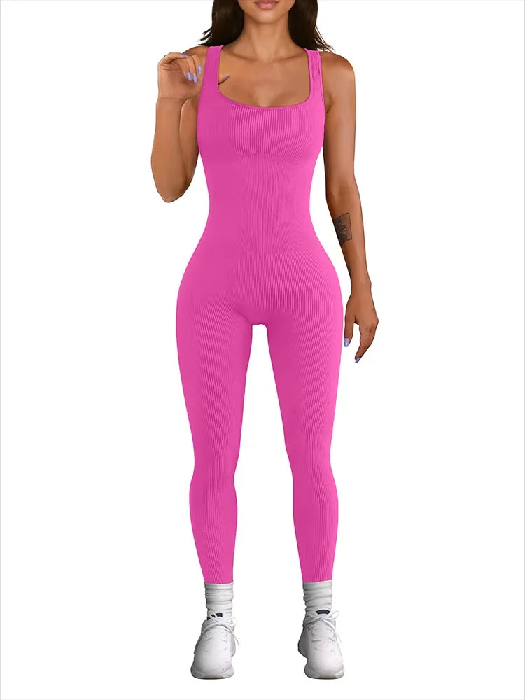 Women's Sleeveless Yoga Jumpsuit Exercise Ribbed Square Neck Vest High Waist Fitness Sports One-piece Yoga Suit