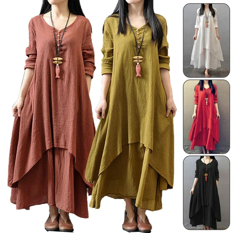 Linen-Blend Maxi Dress Relaxed Long-Sleeve Swing — Ivory | KIMLUD