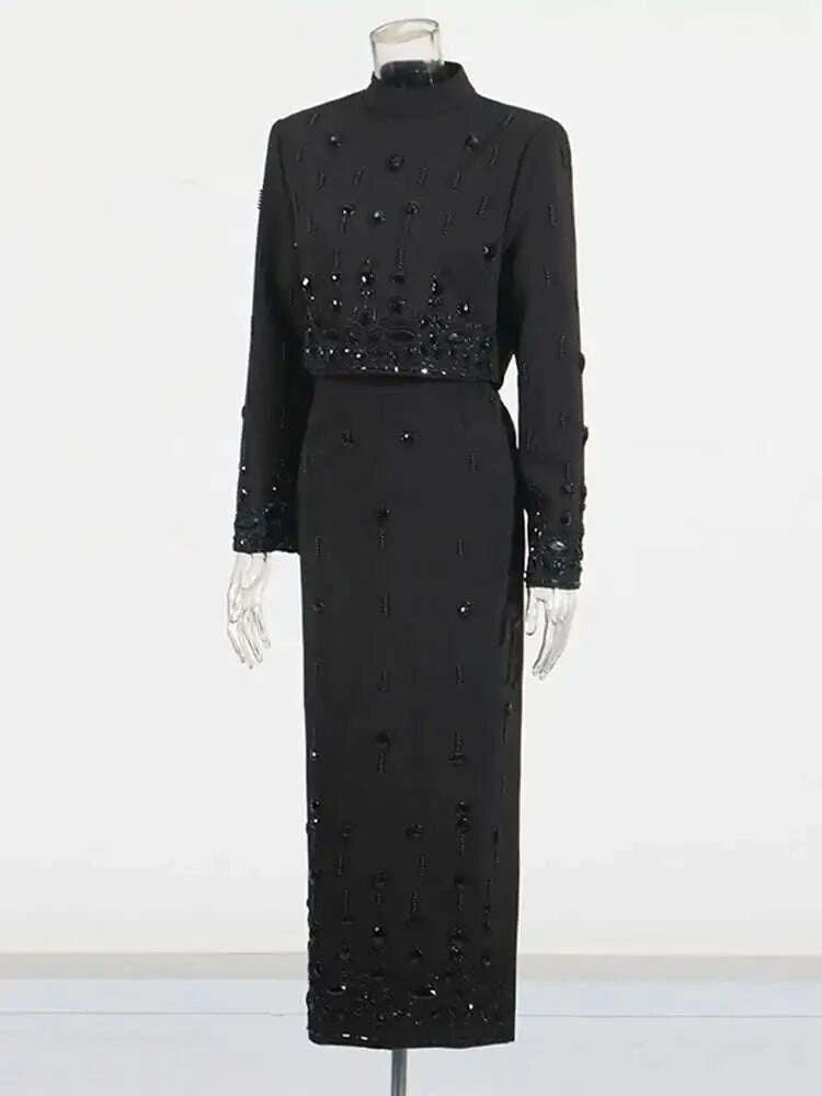 KIMLUD, TWOTWINSTYLE Solid Spliced Diamonds Two Piece Set For Women Stand Collar Long Sleeve Tops High Waist A Line Skirt Set Female New, KIMLUD Womens Clothes