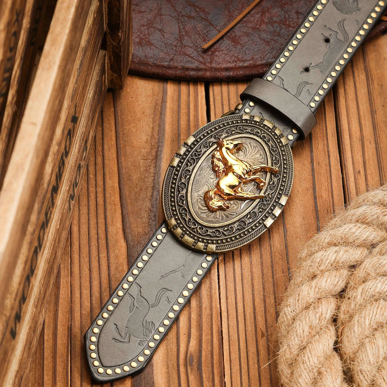 KIMLUD, A Western-buckle PU belt suitable for both men and women, a unique and retro brown belt (with perforated nails included), KIMLUD Womens Clothes