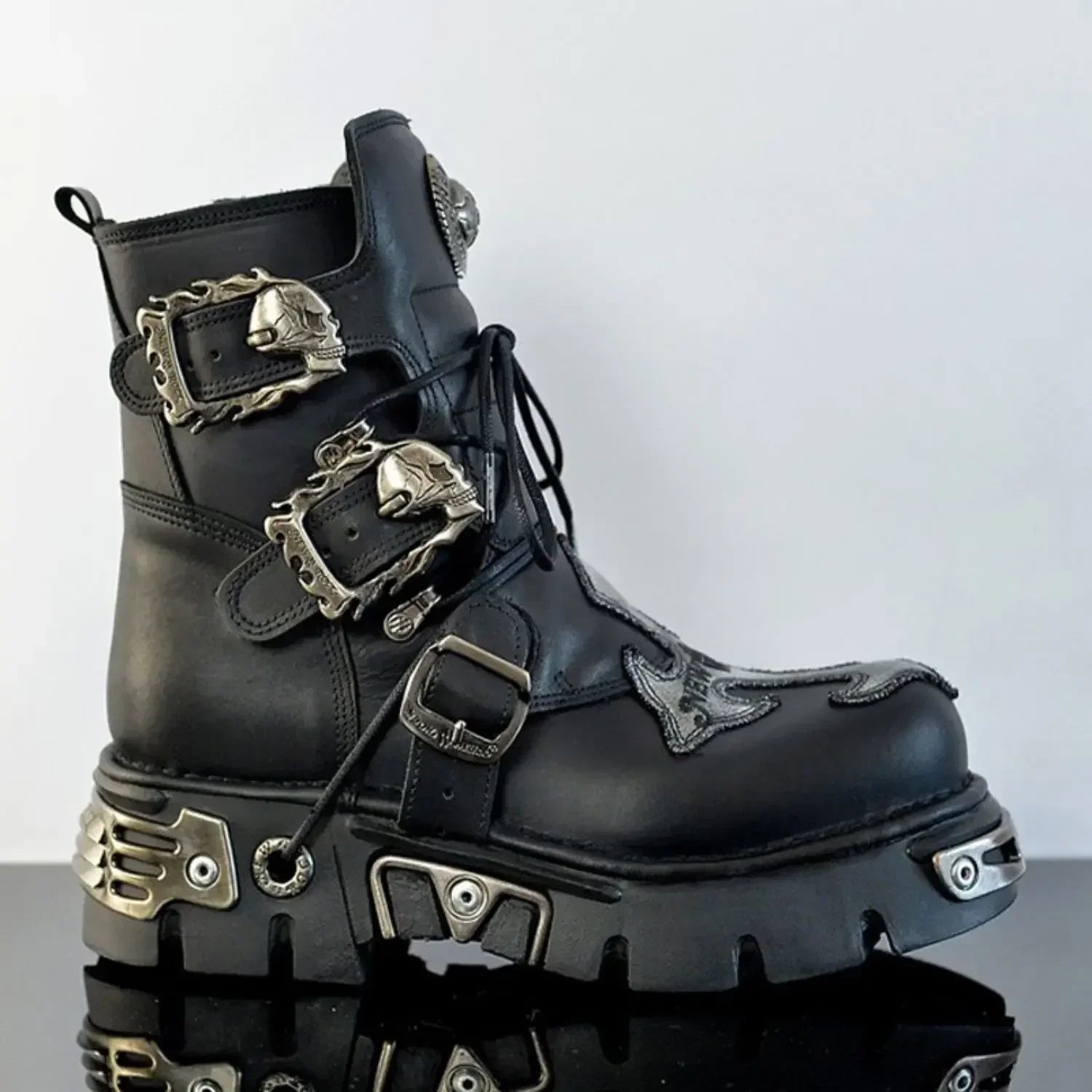 Fashion Men's Cow Genuine Leather Motorcycle Boots,Design New Unisex Mid-calf Skull Devil Goth Punk Metallic Work Boots Plus 48