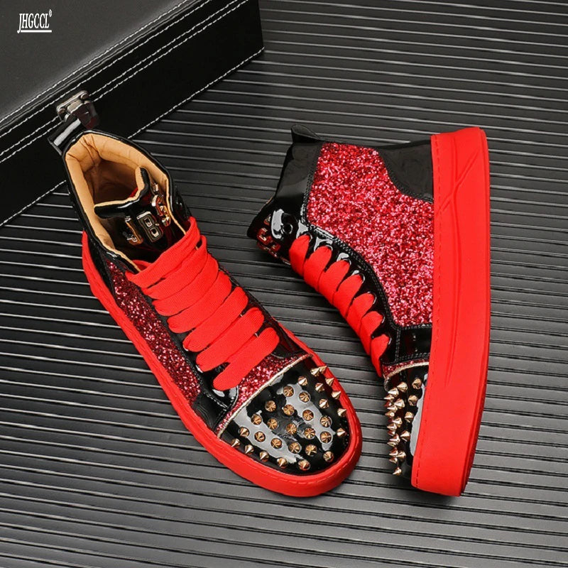 Riveted Leather Loafers Thick Sole Comfort — Red | KIMLUD