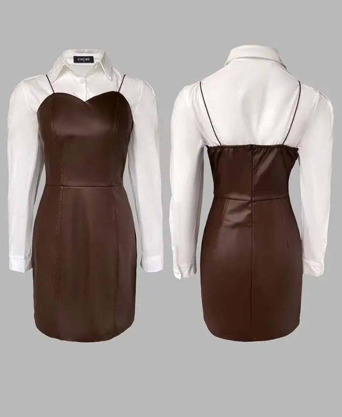 Two Piece Set Women Outfit 2025 Spring New Turn-Down Collar Long Sleeve Blouses & Casual Spaghetti Straps PU Leather Skirt