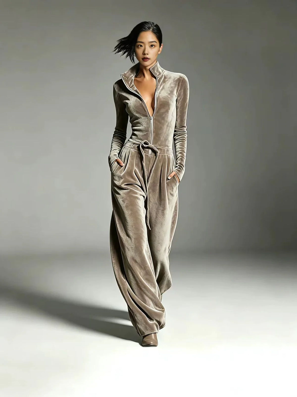 Jumpsuit – Half Zip Stand Collar Drawstring Waist – Velvet | KIMLUD