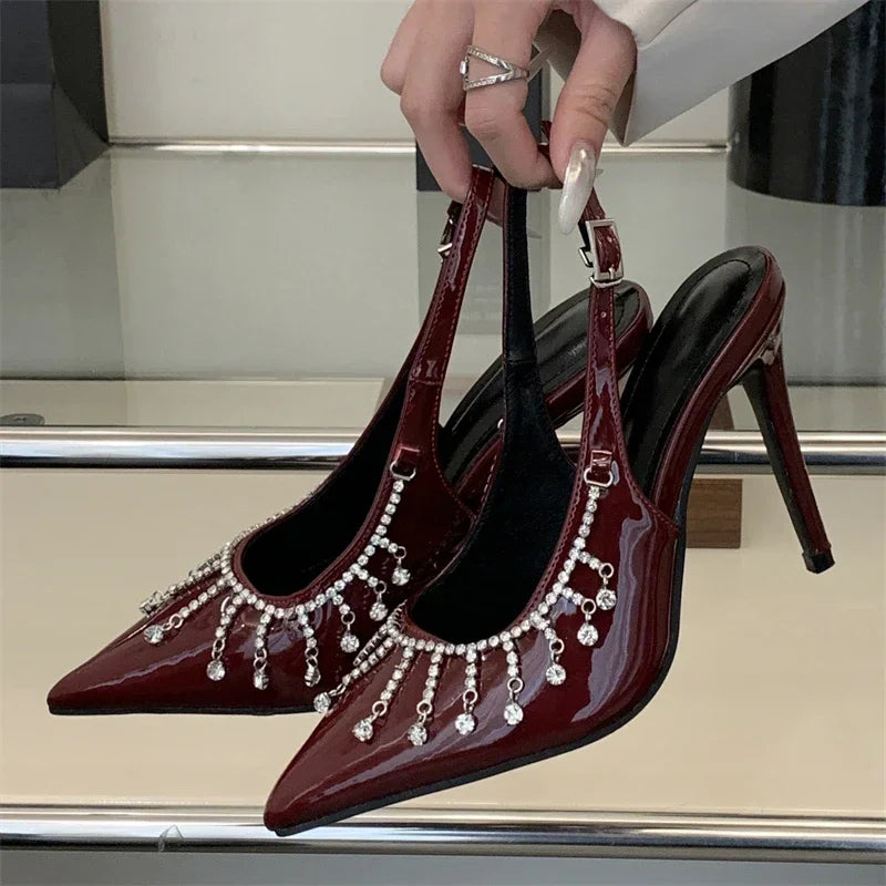 Pointed Toe Heels Patent Leather Rhinestone Buckle — Black | KIMLUD