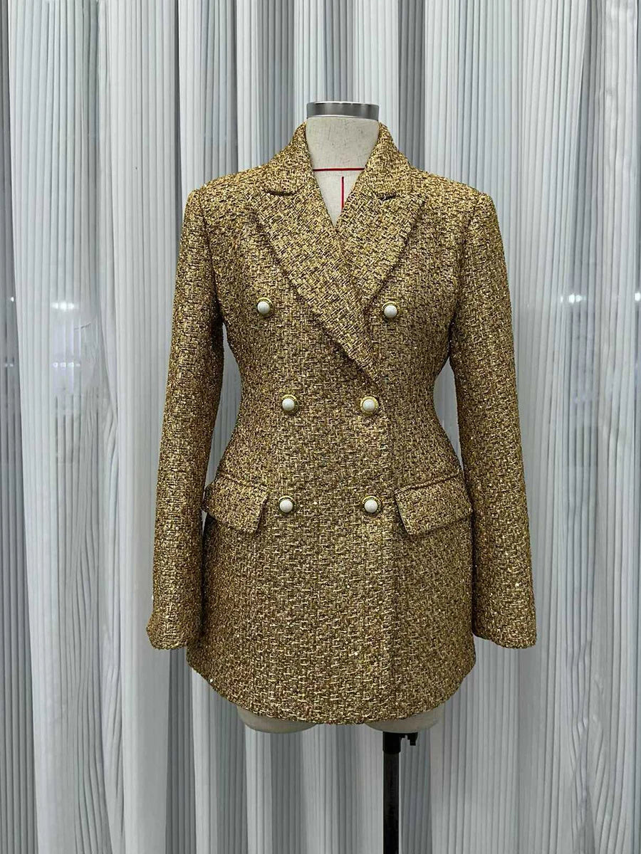 Sequin Patchwork Temperament Coat Double Breasted Lapel Long Sleeves — Champagne Gold | KIMLUD