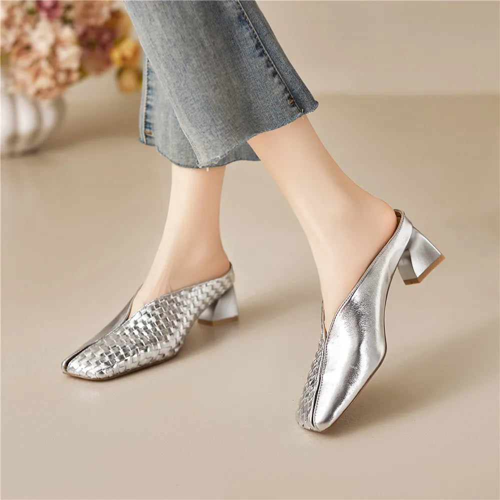Metallic Cow Leather Slip-On Heels — Gold | KIMLUD