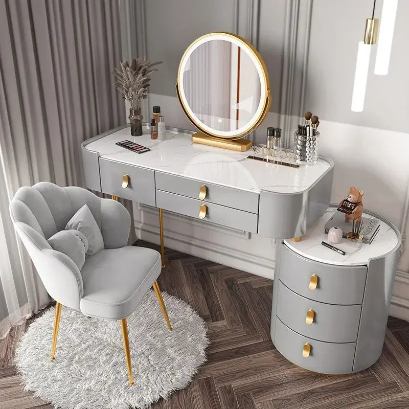 A Modern Design Dressing Table With Mirror and Stool Wooden Makeup Vanity Desk Side Cabinet Set Bedroom Furniture Dresser