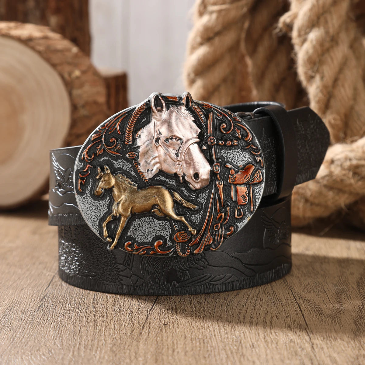 Retro Western PU Embossed Buckle Belt — Brown | KIMLUD