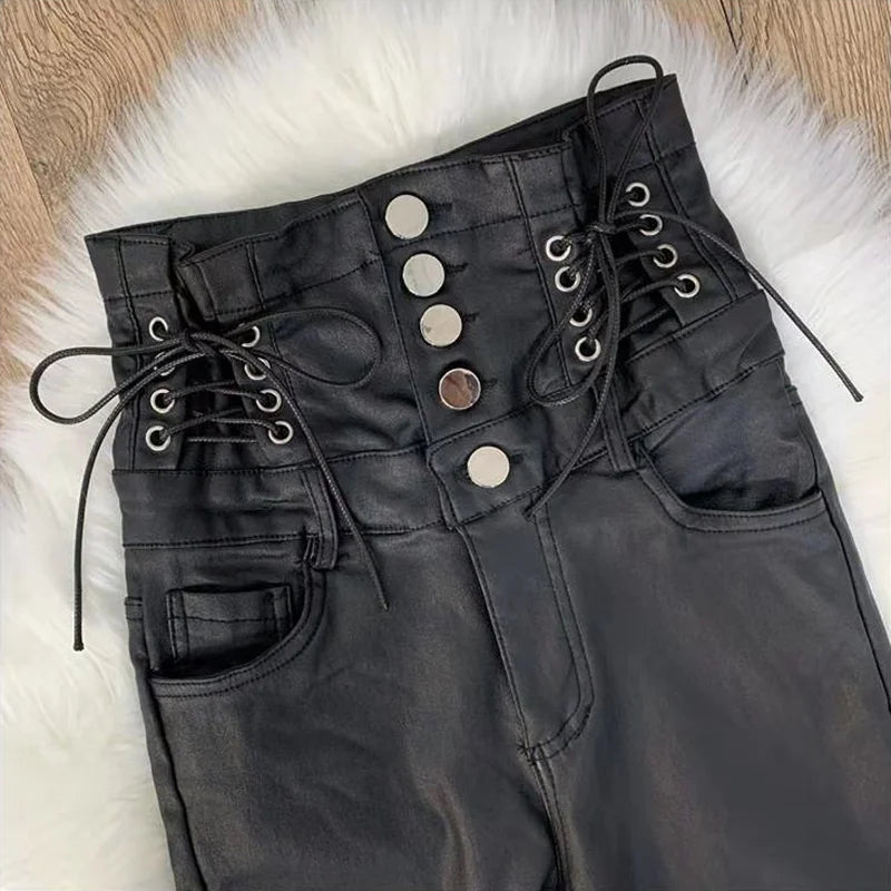 Women High Waisted Faux Leather Pants PU Leggings Single-Breasted Plus Velvet Matte Skinny Leggings Black Sexy Pencil Pants C275