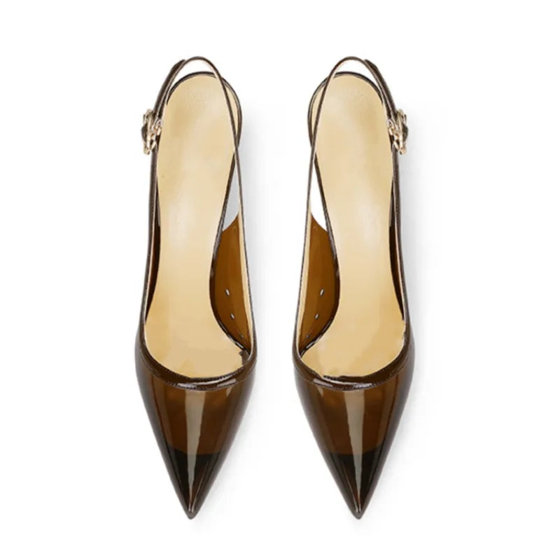 Patent Leather Stone Pattern Slingback Stiletto Heels — Brown | KIMLUD