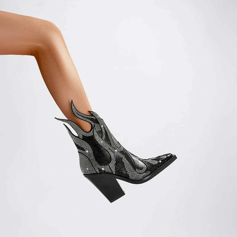 KIMLUD, Women's new spring and autumn pointed fashion show rhinestone high heels, plus size zipper calf fashion boots, KIMLUD Womens Clothes