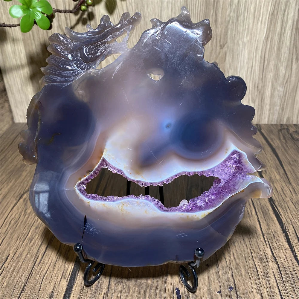 Amethyst Geode Dragon Carving Hand-Carved — Purple | KIMLUD