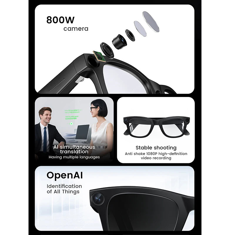 Photochromic Smart Glasses HD Photo Video Translation — Black | KIMLUD