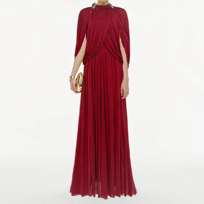 Brocade Gown Cross-Sleeved Ruched Form-Fitting With O-Neck And Ankle-Length Silhouette — Champagne Yellow | KIMLUD