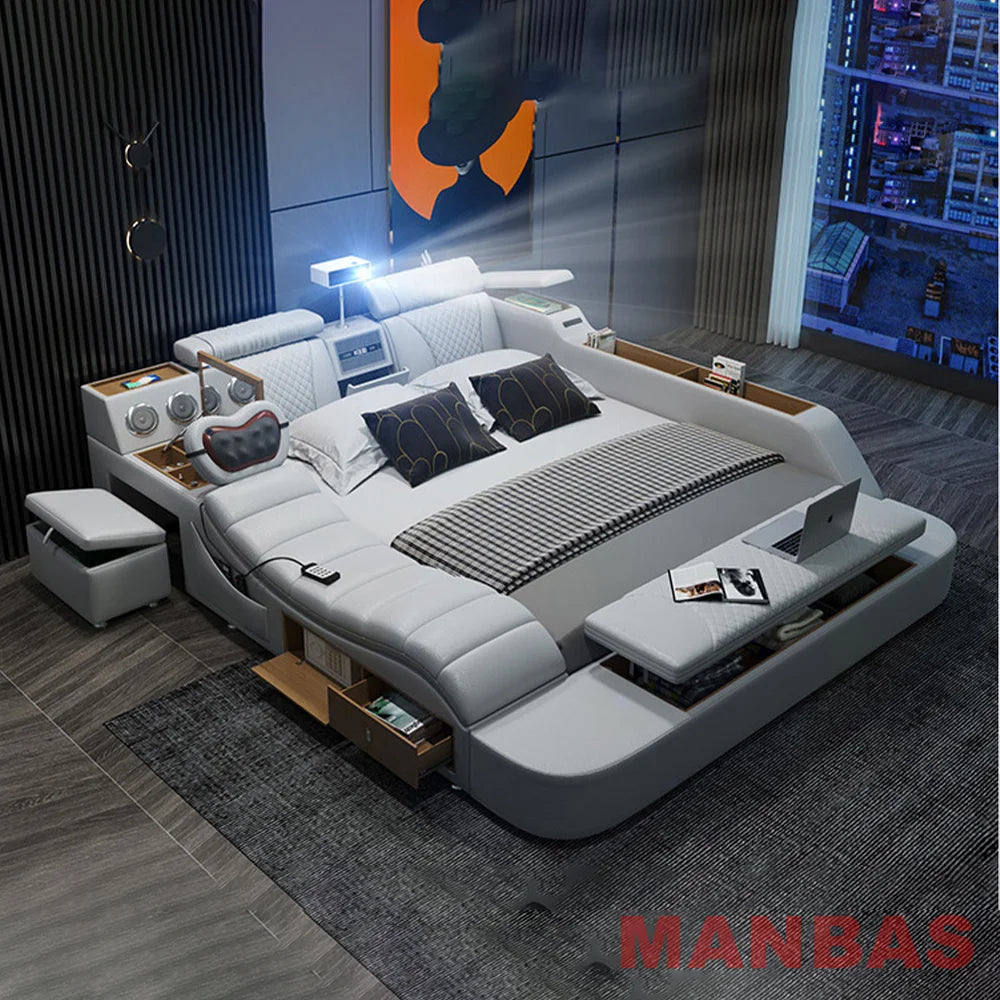 Genuine Leather Bed With Projector USB Speaker — White | KIMLUD