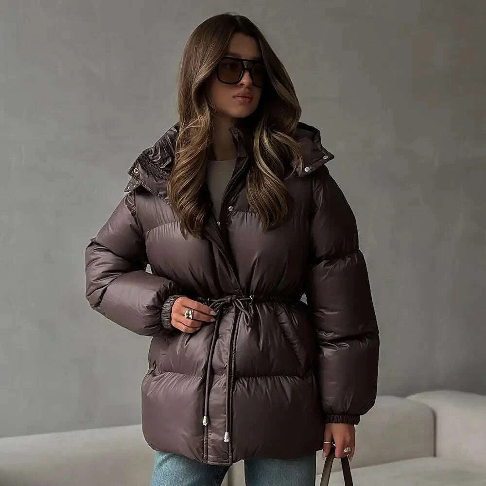 KIMLUD, Women Solid Thicken Cotton Jackets Casual Stand Collar Zipper Long Sleeves Lace Up Detachable Hat Coat Winter Lady Warm Outwear, KIMLUD Womens Clothes