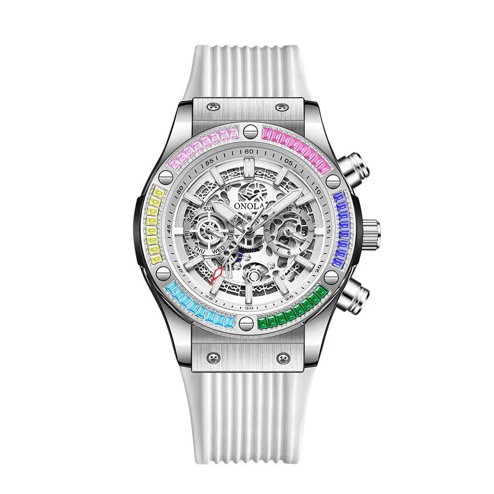 Silicone Strap Rainbow Diamond Watch 45mm Hardlex Dial, Date, Luminous Hands, 3Bar Water Resistant — Rainbow | KIMLUD