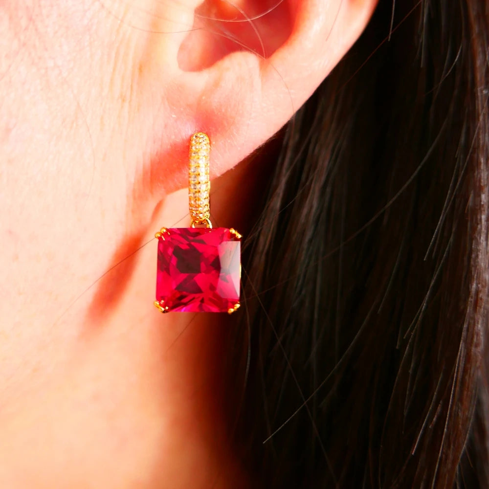 KQDANCE 925 Sterling Silver with Square Stone Lab Diamond Ruby Red Emerald Green Gemstone Earrings Women Gold Plated Jewelry