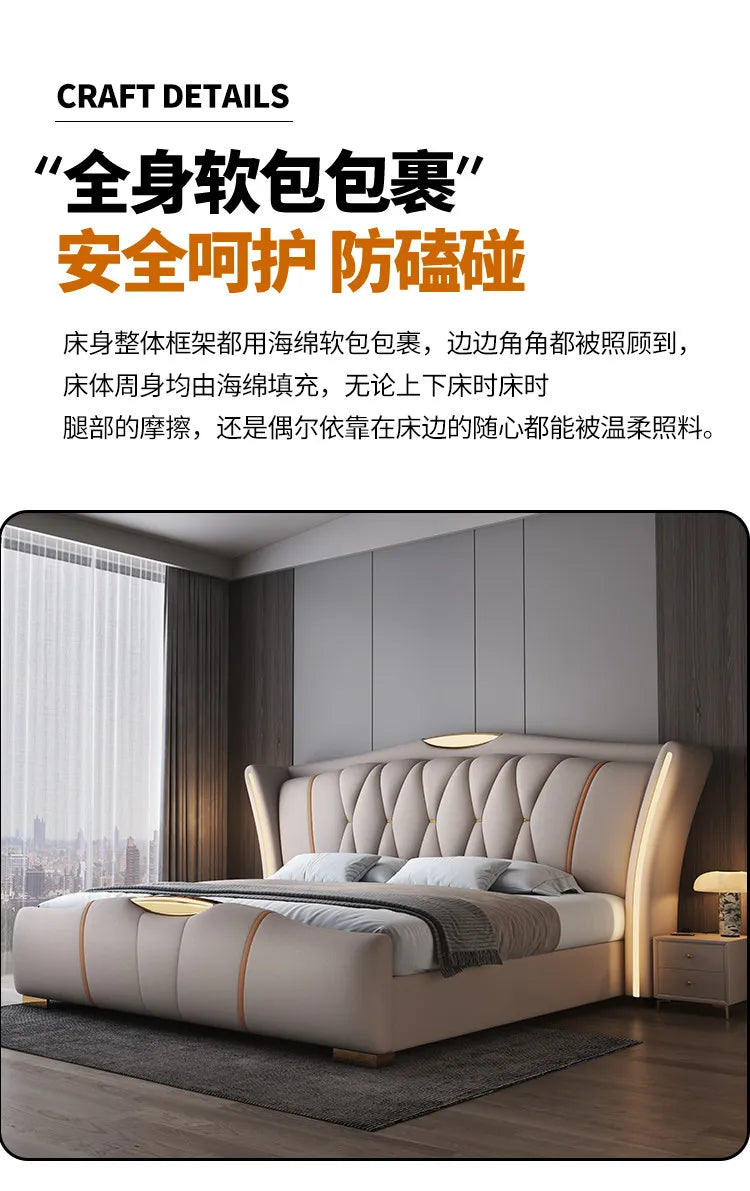Leather Bed Frame With Lit Headboard — Ivory-Beige | KIMLUD