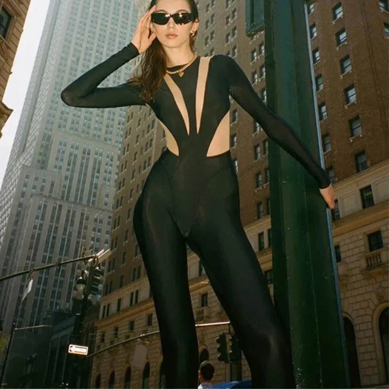 Black Long-Sleeve Cutout Jumpsuit | KIMLUD