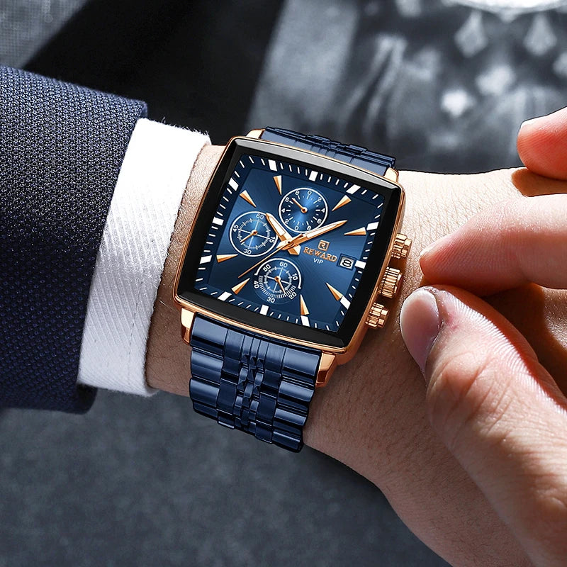 REWARD Fashion Square Dial Watch for Men Stainless Steel Waterproof Quartz Chronograph Mens Watches Luxury Sport Male Clock