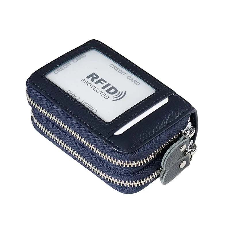 Genuine Leather Wallets RFID Blocking Double Zipper — Black | KIMLUD