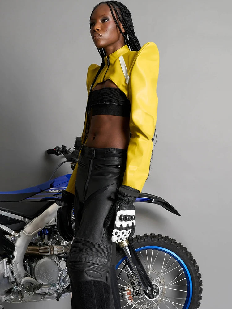 Nibber Leather Zipper Jacket Women Patchwork O-Neck Shoulder Pads Long Sleeve Midnight Moto Style Street Hipster Crop Coat