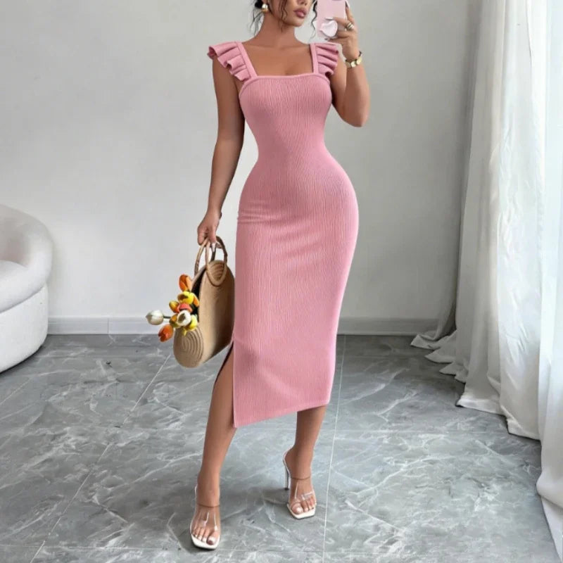 Ribbed Knit Bodycon Maxi Dress Square Neck Ruffle Straps — Black | KIMLUD