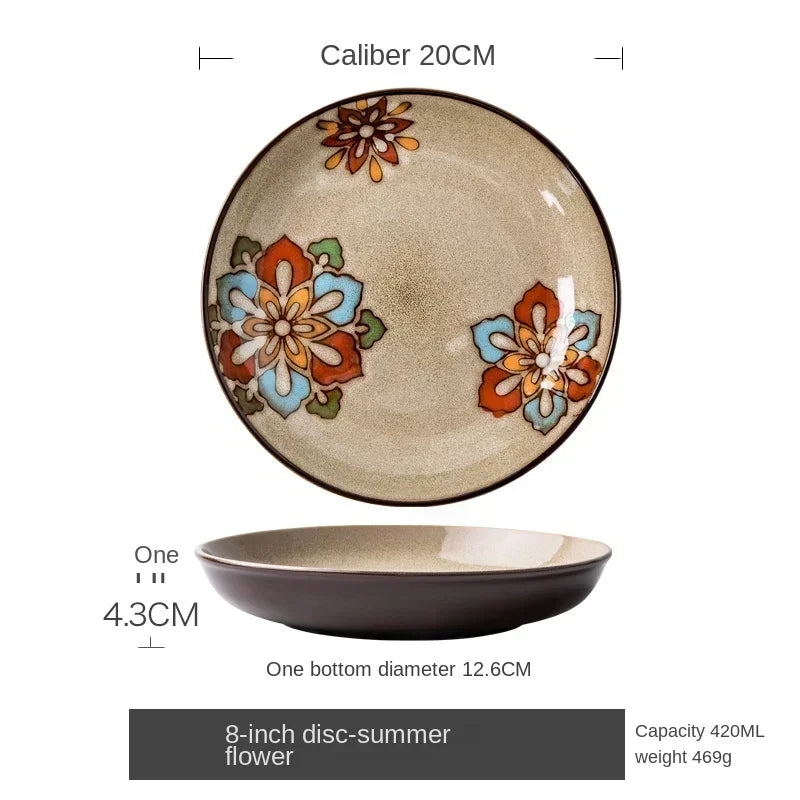 KIMLUD, Chinese-style ceramic deep plate household salad plate disc personality plate creative old-fashioned hand-painted tableware, 8 inches, KIMLUD Womens Clothes
