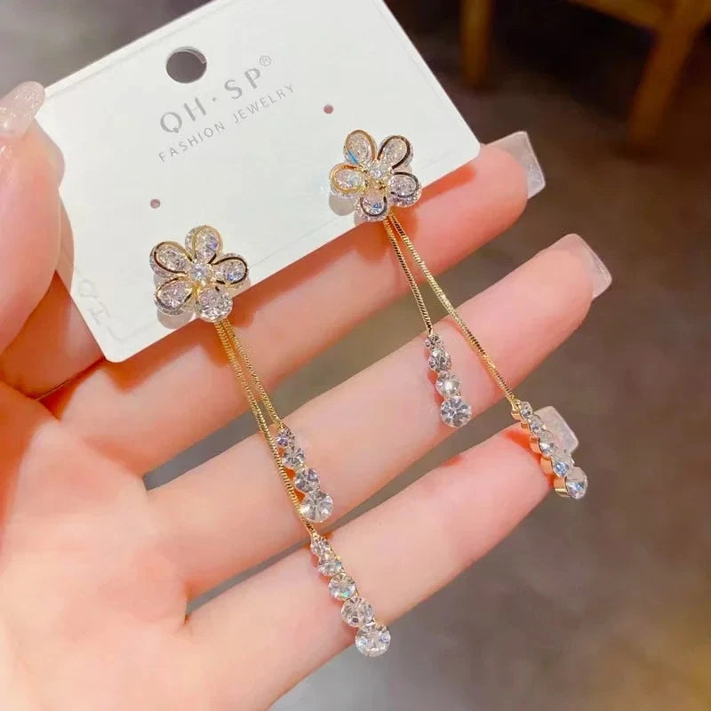 New Sweet Zircon Flower Long Tassel Pendant Stud Earrings for Women Elegant Exquisite Temperament Girls Birthday Gift Jewelry