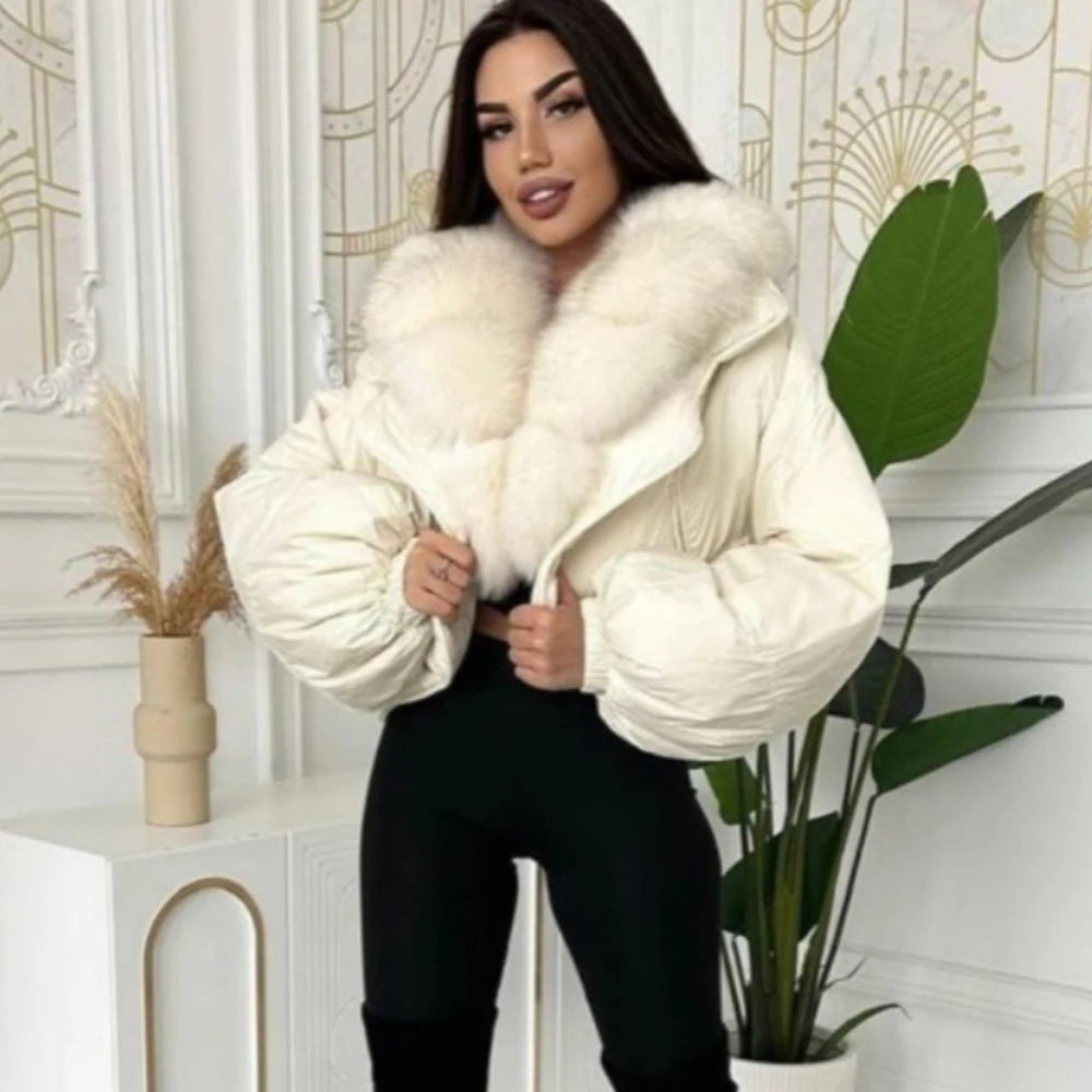 Down Coat – Real Fox Fur Trim – Duck Down – Natural | KIMLUD