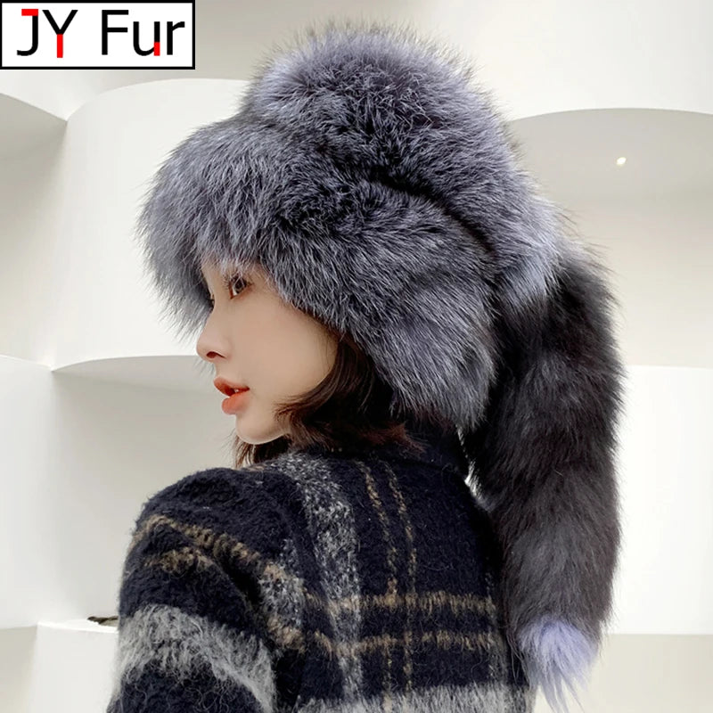 Fox Fur Ushanka Hat Fluffy Tail Cap — Natural | KIMLUD