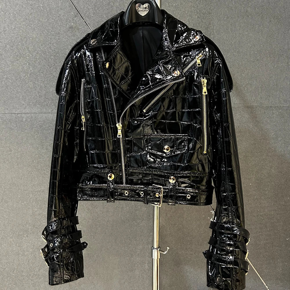 Shiny Blue Women Leather Jacket Real Lambskin Leather Cloth Streetwear Leather Jackets