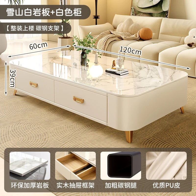 Rock-Slab Coffee Table With Wooden Frame — White | KIMLUD