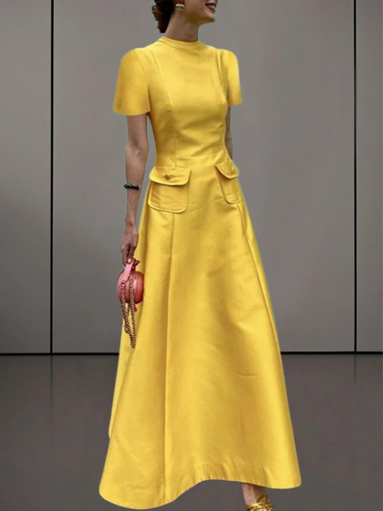 A-Line Dress – Pockets – Polyester – Yellow | KIMLUD