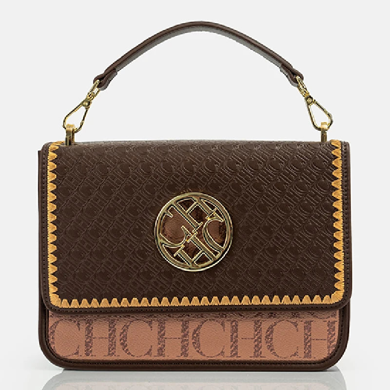 Letter-Embossed PVC Shoulder Bag Gold Medallion — Black | KIMLUD