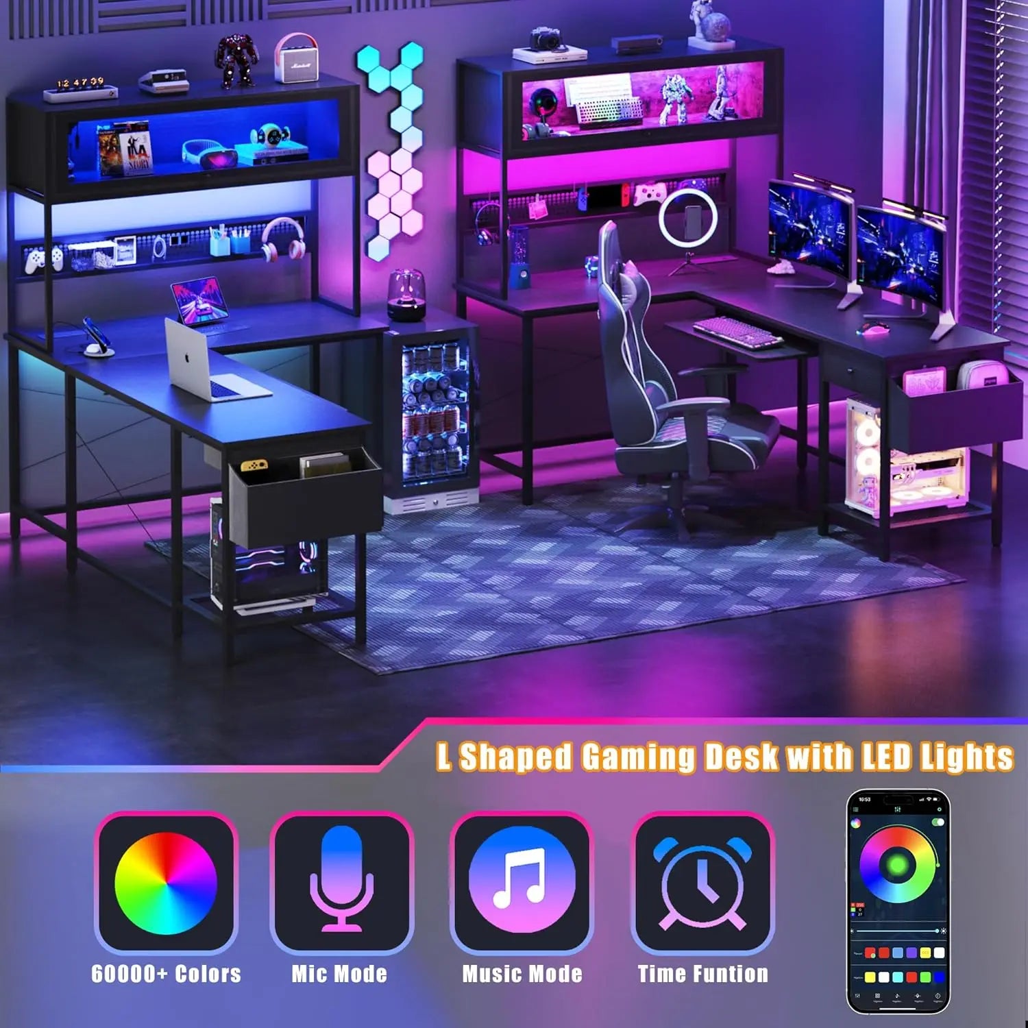 L Shaped Gaming Desk with Power Outlets & LED Lights, 49'' Reversible Computer Desk with Hutch & Pegboard & Display Cabinet