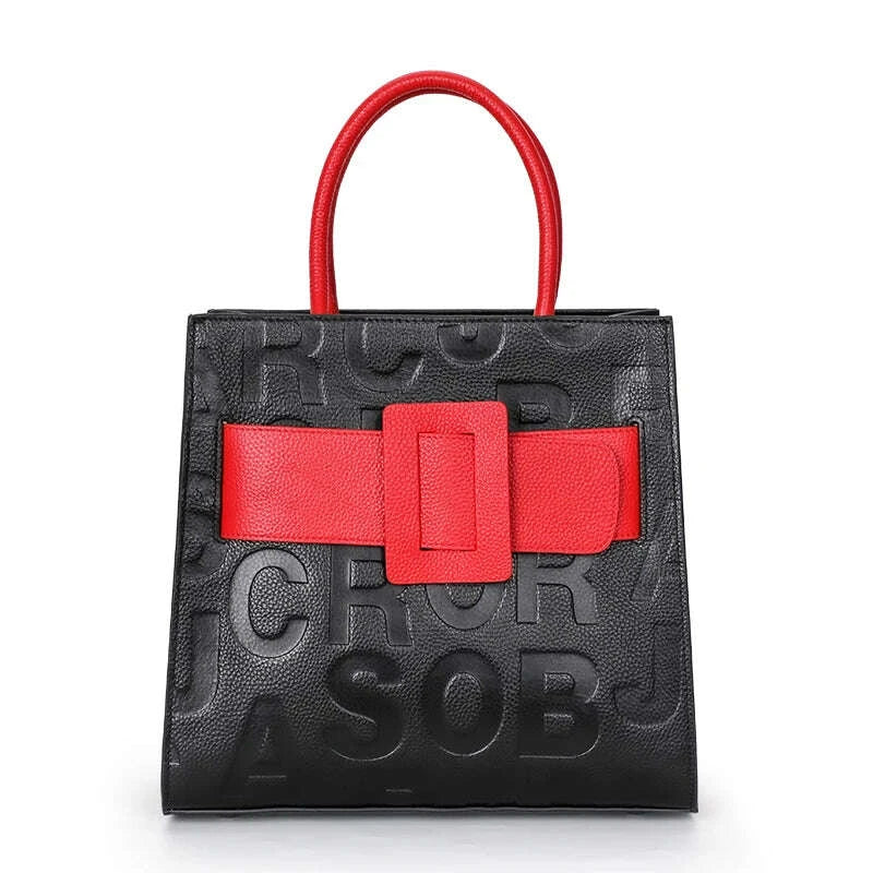 KIMLUD, Aidrani Fashionable women's large capacity handbag with letter print design, made of cowhide material, square, black, KIMLUD Womens Clothes