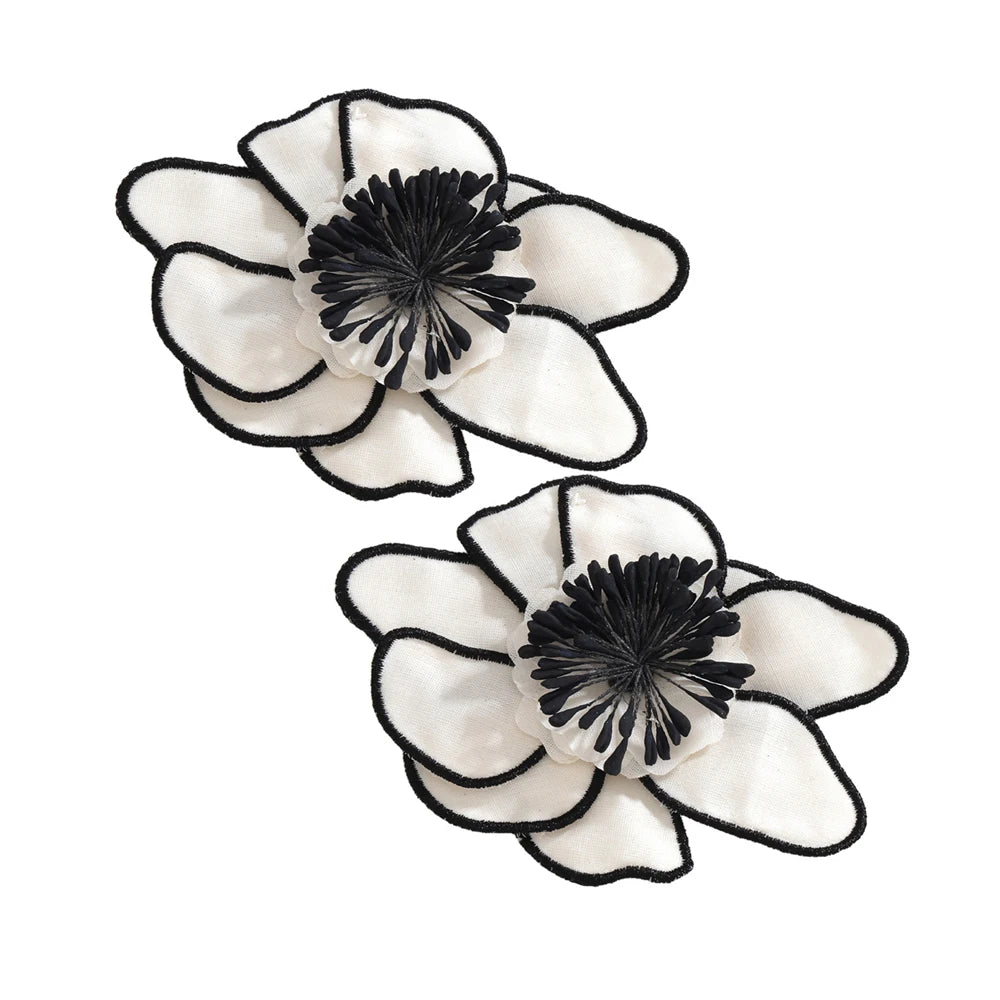 Large Flower Earrings Embroidered — White | KIMLUD