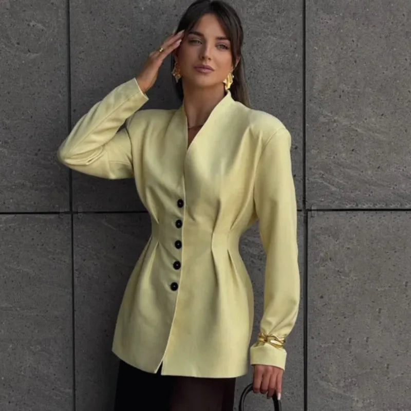 Talenza Women Fashion Blazer Vintage Single Breasted V-Neck Long Sleeve Jacket Casual Office Solid High Street Chic Women Blazer
