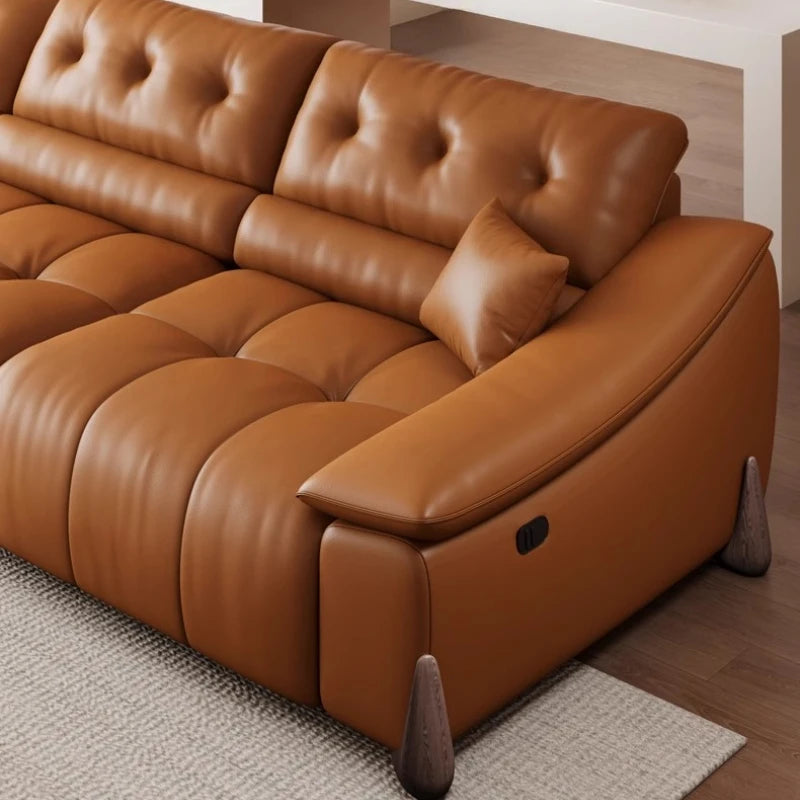 Leather Minimalist Sofa Bed With Hand-Finished First Layer Cowhide And Subtle Italian Hardware — Caramel Brown | KIMLUD